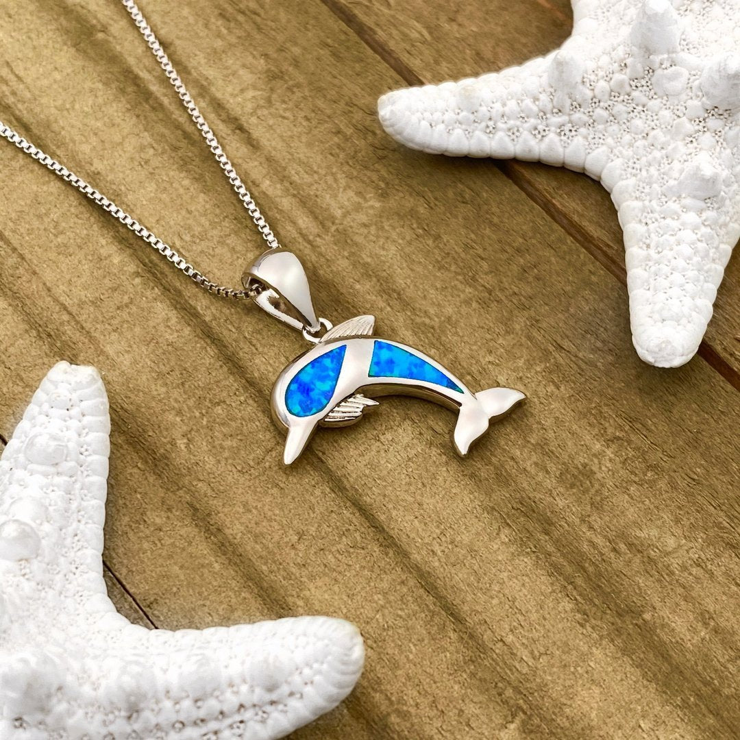 Seductive Dolphin Necklace made of Radiant Opal and Fine Silver