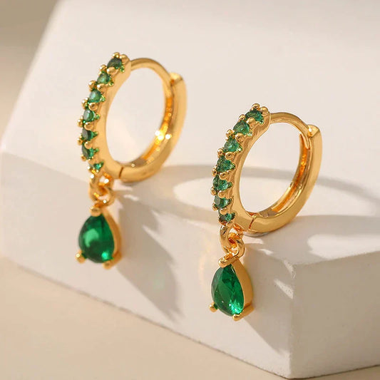 Stunning Gold Earrings Adorned with Dazzling Zirconia and Radiant Emeralds