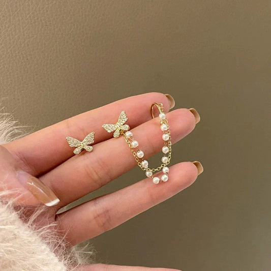 Stunning Golden Butterfly Earrings Adorned with Pearls and Dazzling Zirconia