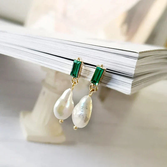 Chic Gold Earrings Adorned with Shimmering Pearls and Dazzling Green Cubic Zirconia