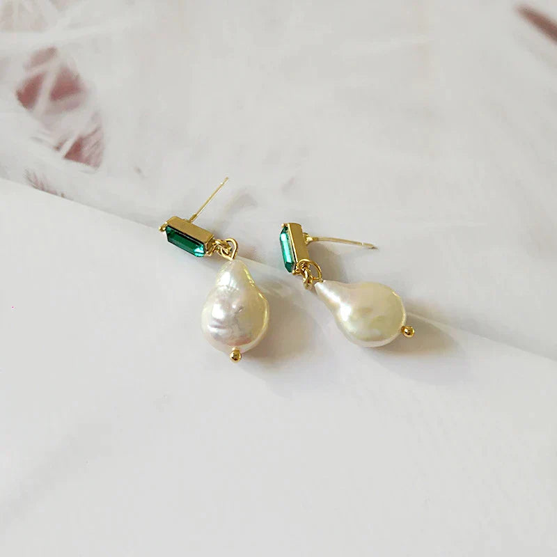 Chic Gold Earrings Adorned with Shimmering Pearls and Dazzling Green Cubic Zirconia