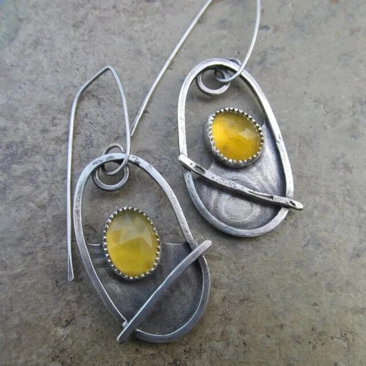 Chic Vintage Yellow Crystal Drop Earrings with Stunning Silver Details