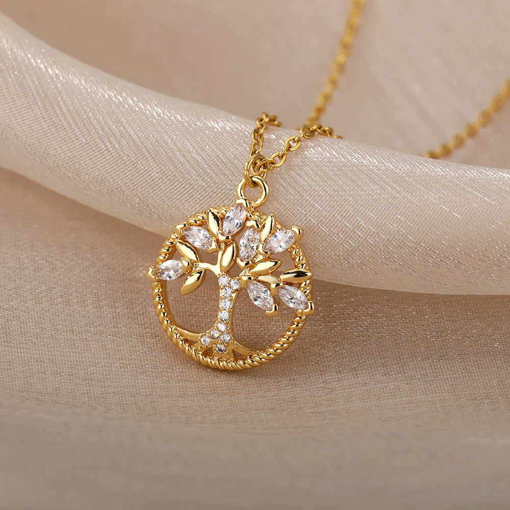 Elegant Gold Tree of Life Necklace with Sparkling Zirconia Stones