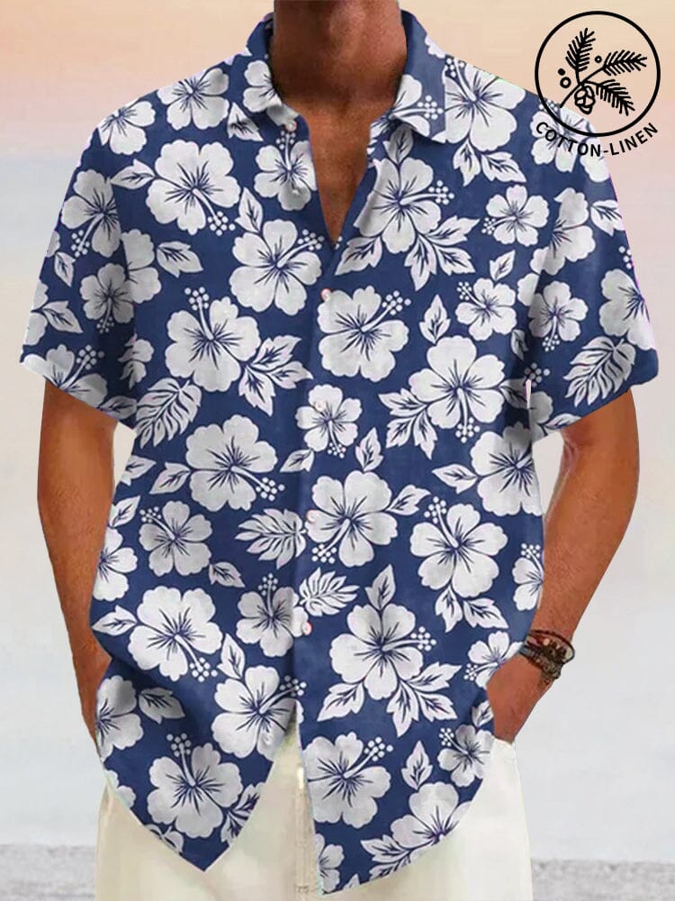 Hawaiian Flower Printed Cotton Linen Holiday Shirt