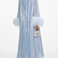 Pearlescent Satin Feather Embellished Evening Gown