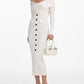 Off-the-Shoulder Ribbed Knit Dress with Black Buttons
