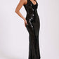 Rose Detail Sequin Backless Slit Hem Maxi Dress
