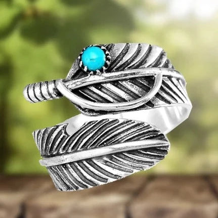 Adjustable Turquoise Boho Feather Ring for a Unique Style