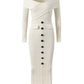 Off-the-Shoulder Ribbed Knit Dress with Black Buttons