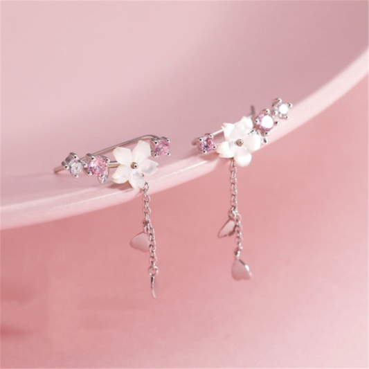 Stunning Silver Floral Earrings Adorned with Delicate Pink Gemstones