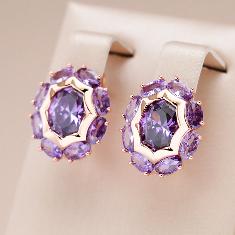 Stunning Gold Earrings Adorned with Dazzling Purple Crystal Blossoms