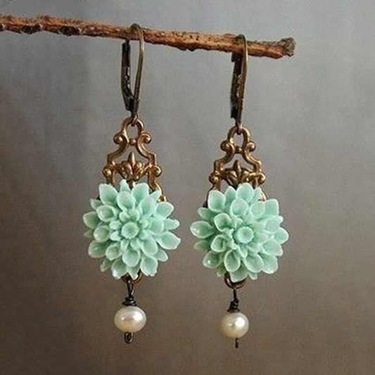 Stunning Bohemian Earrings Featuring Vibrant Turquoise Blooms and Graceful Pearls