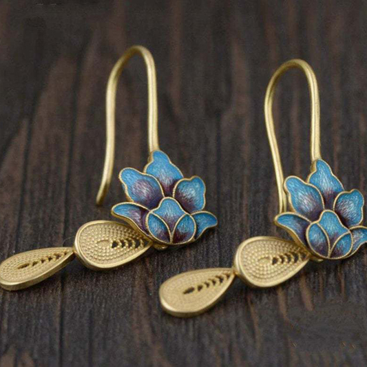 Stunning Golden Boho Earrings Featuring a Beautiful Blue Lotus Pattern