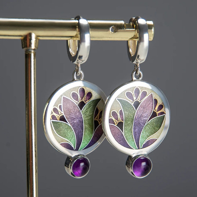 Stunning Sterling Silver Chic Boho Earrings Adorned with Dazzling Purple Crystals