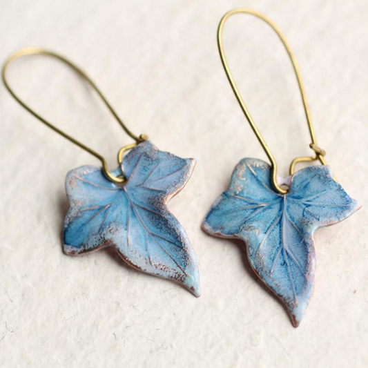 Charming Vintage Leaf Design Earrings with Stunning Blue Enamel Finish