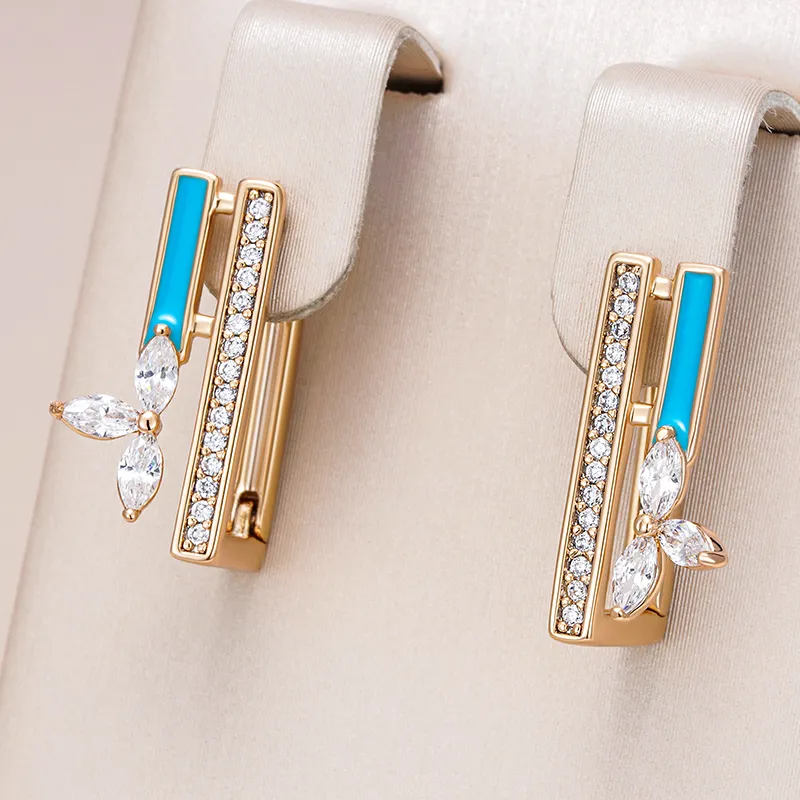 Stunning Gold Earrings Adorned with Luminous Blue Enamel and Dazzling Zirconia Stones