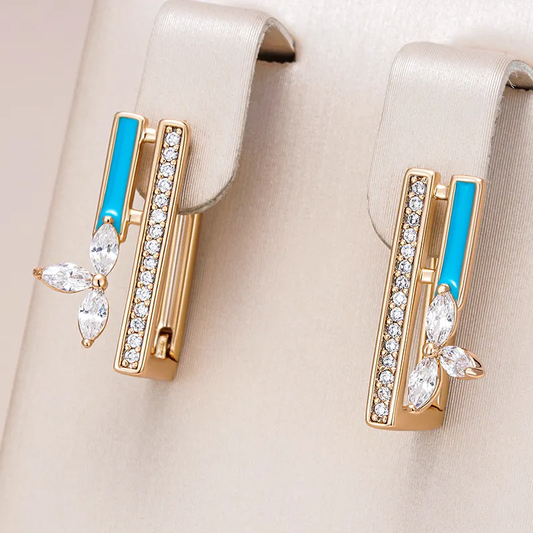 Stunning Gold Earrings Adorned with Luminous Blue Enamel and Dazzling Zirconia Stones