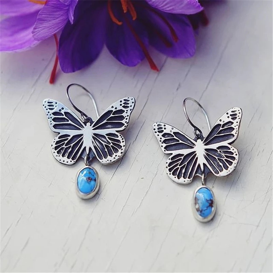 Charming Vintage Silver Earrings Featuring a Beautiful Blue Stone Butterfly Design