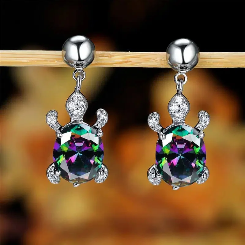 Charming Turtle Earrings Adorned with Dazzling Multicolored Zirconia Gems