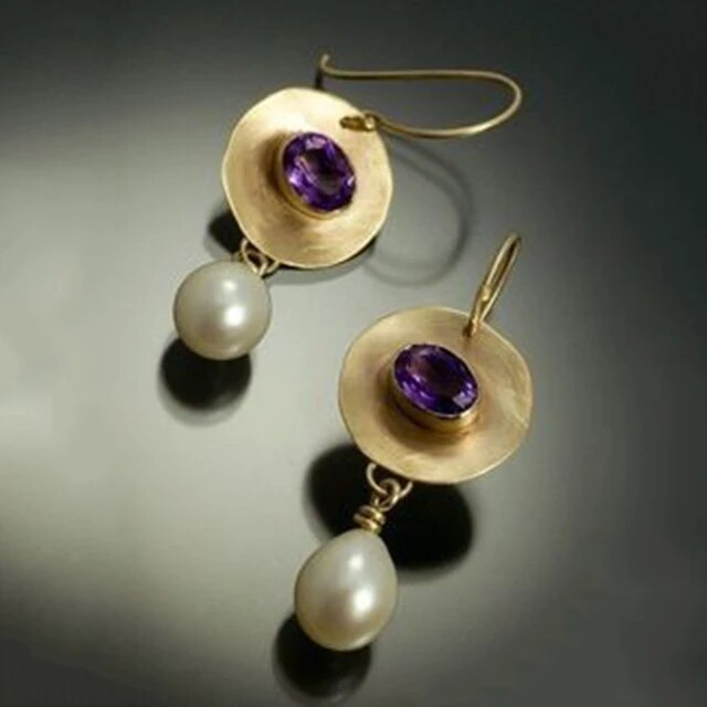 Stunning Vintage Gold-Plated Earrings Adorned with Dazzling Pearls and Rich Purple Zirconias