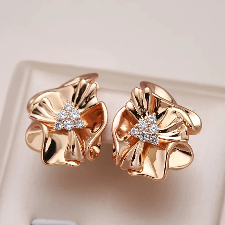 Stunning Floral Design Earrings Adorned with Radiant Golden Cubic Zirconia