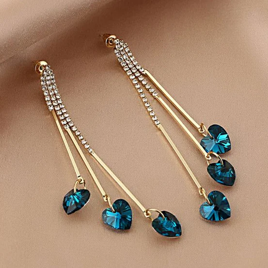 Dazzling Blue Crystal Heart Rain Earrings – A Touch of Elegance