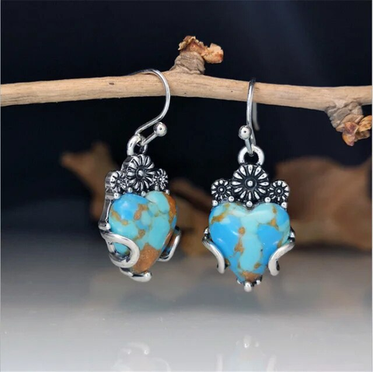 Charming Vintage Heart Earrings with Blue Gem and Turquoise Touch