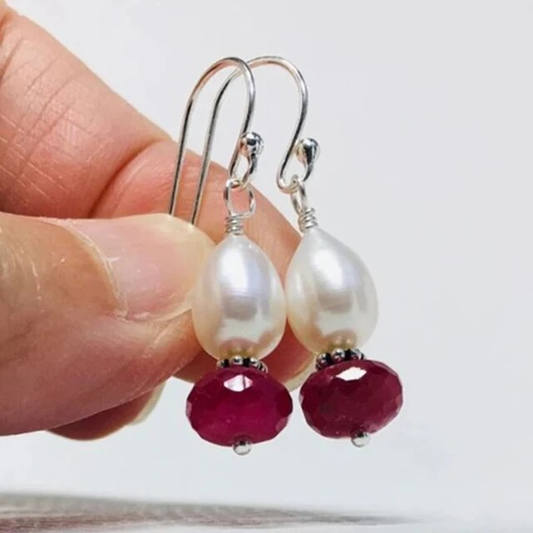 Elegant Vintage Earrings Adorned with Radiant Pearls and Dazzling Red Stones