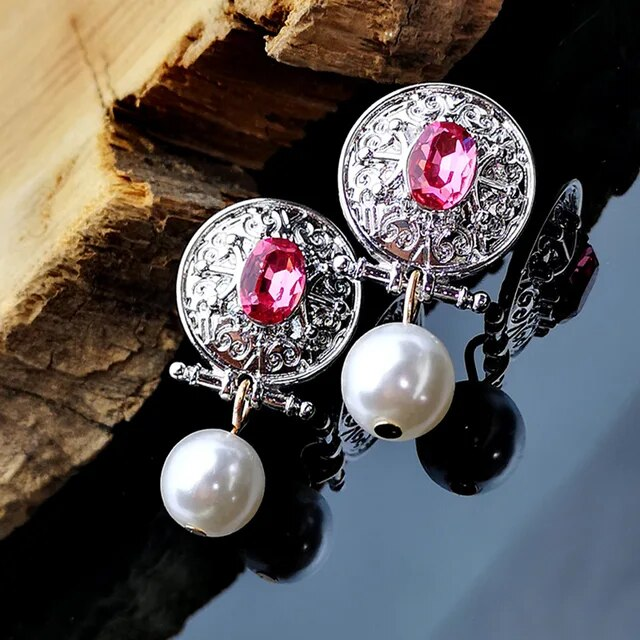 Charming Vintage Earrings Adorned with Dazzling Pink Zirconia Pearls