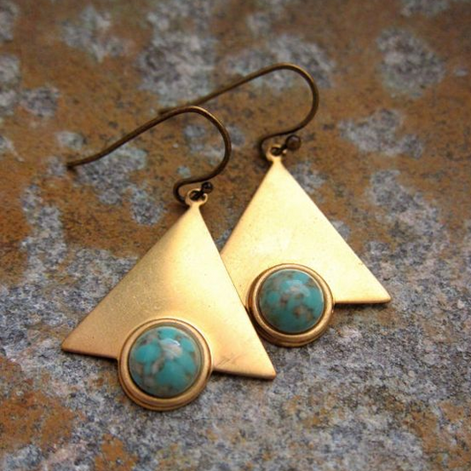 Stylish Triangle Earrings Adorned with Classic Vintage Turquoise Gems