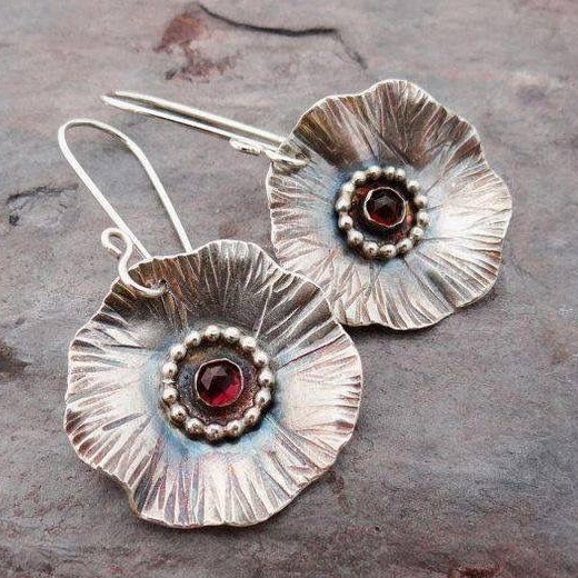 Charming Vintage Silver Earrings Adorned with Dazzling Red Zirconia Blossoms