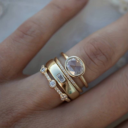 Elegant Vintage Gold and Sparkling Zirconia Ring Set