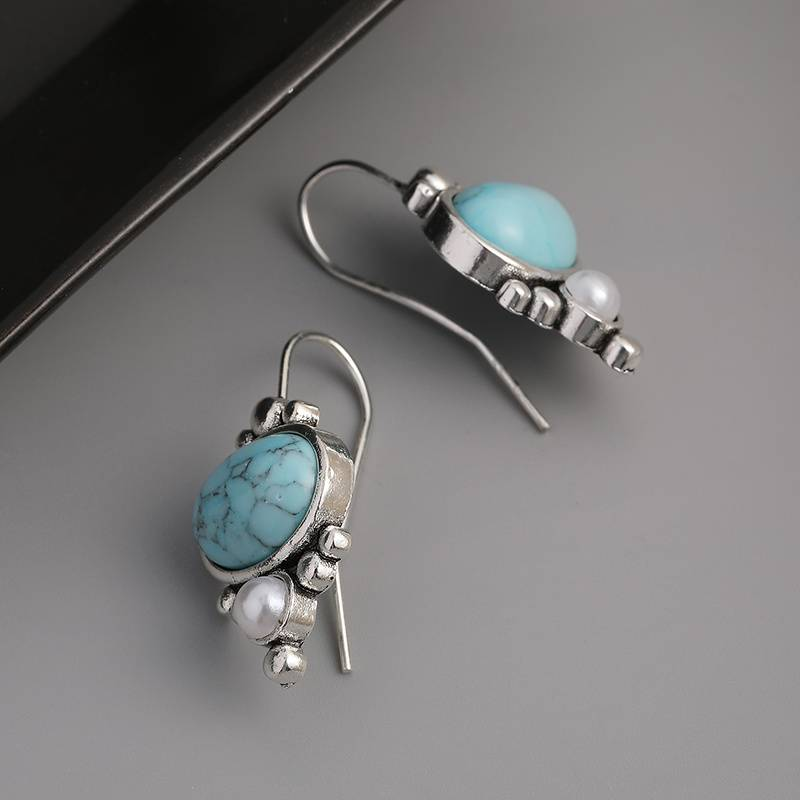 Charming Vintage Blue Sky Stone Earrings with Pearl Accents