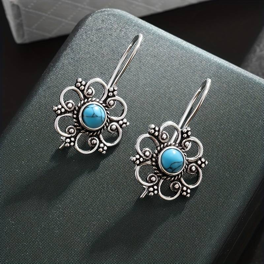 Charming Vintage Silver Earrings Adorned with Delicate Blue Flower Details