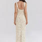 Creme Applique V Neck Sleeveless Maxi Dress