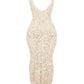 Creme Applique V Neck Sleeveless Maxi Dress