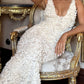 Creme Applique V Neck Sleeveless Maxi Dress