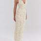 Creme Applique V Neck Sleeveless Maxi Dress