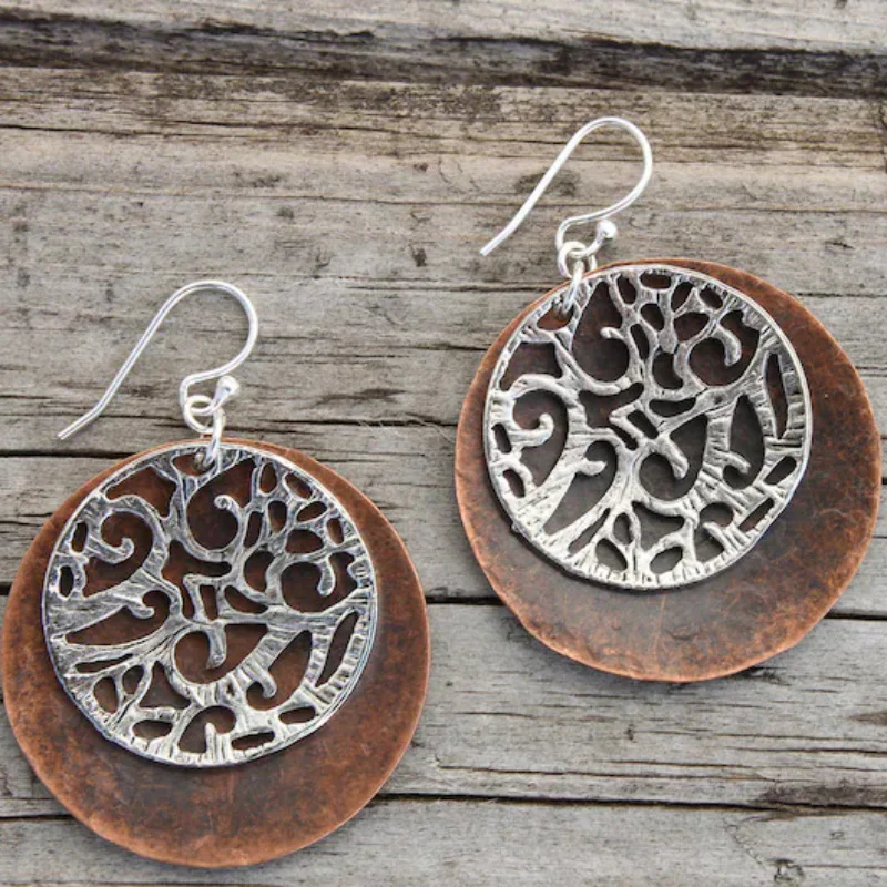 Stunning Vintage-Inspired Hollow Bronze and Silver Round Earrings