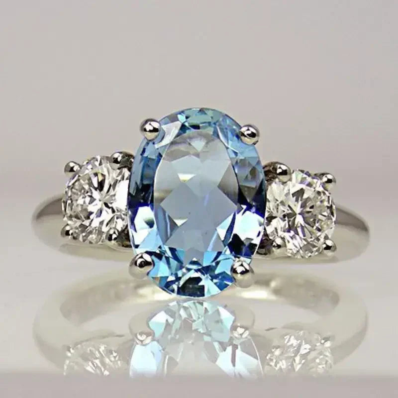 Elegant ring with sparkling blue diamond crystal in high-quality sterling silver