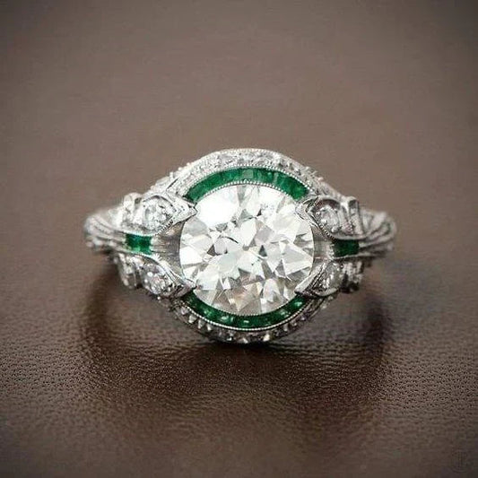 Elegant Vintage Ring with Green Glass Inlay and Sparkling White Zirconia