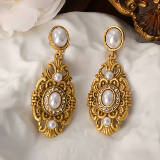 Stunning Vintage Gold Earrings with Dazzling White Accents