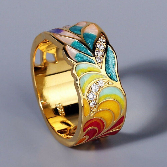 Exquisite hand-painted vintage gold ring with floral design