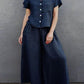 Cotton and Linen Solid Color Short-sleeved Shirt Top and Wide-leg Pants Suit